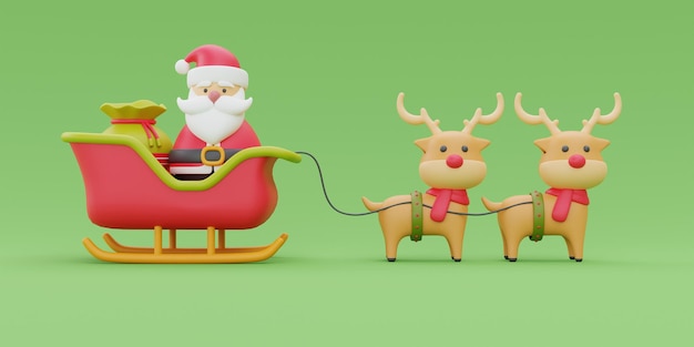 Feliz Natal e Feliz Ano Novo Papai Noel sentado em um passeio de trenó de renas renderização em 3d