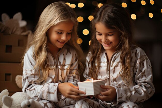 Foto feliz natal e feliz feriado cute crianças pequenas meninas com presente caixa de presentes perto da árvore em casa