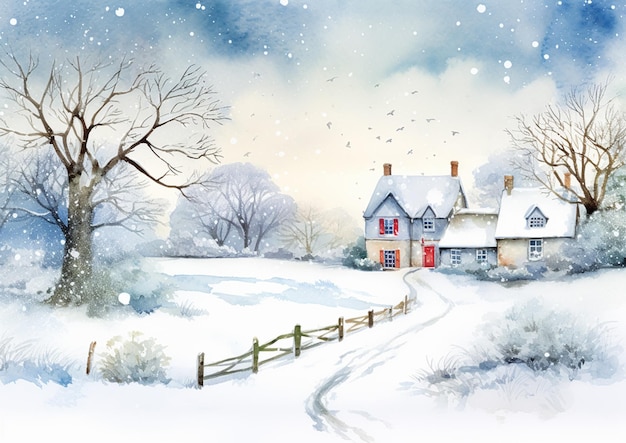 Feliz Natal e Feliz Feriados aquarela impressão de arte impressa campo inglês como neve férias de inverno cartão de Natal obrigado e diy design de cartão de saudação ideia de estilo camponês