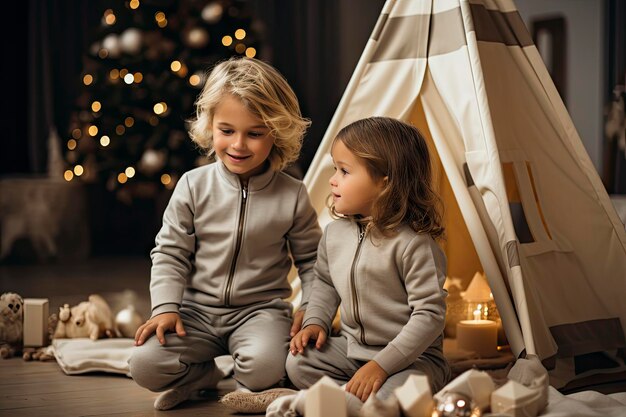 Foto feliz natal e felizes feriados adoráveis raparigas com as suas caixas de presentes ao lado da árvore em casa