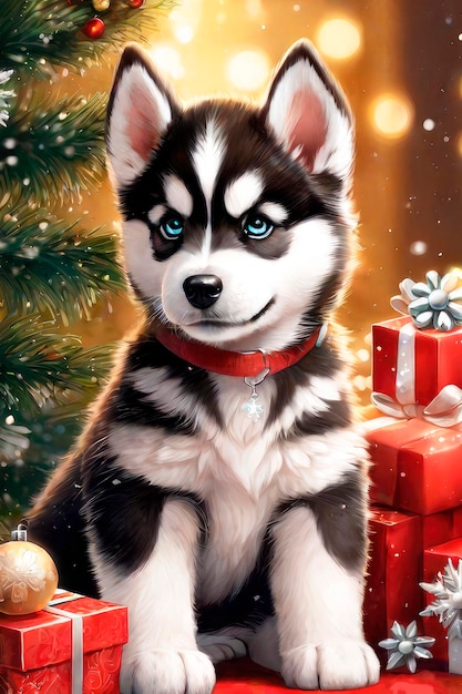 Feliz Natal e felizes feriados cartão de saudação Cute cachorrinho husky