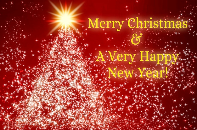 Feliz Natal e um texto de ano novo muito feliz com estrela brilhante como pinheiro no conceito de celebração de Natal de fundo vermelho