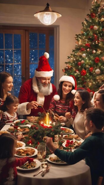 Feliz Natal feliz família está tendo jantar em casa celebração feriado e união perto de tre