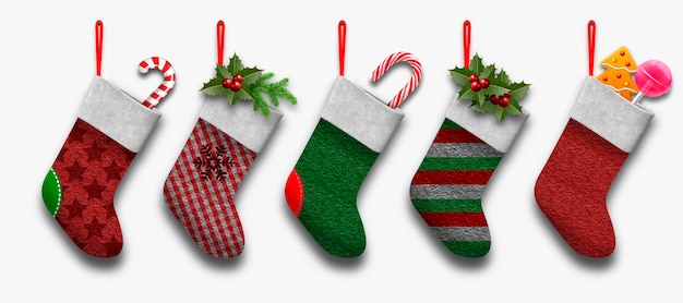 Feliz Natal Meias de Natal multicoloridas em um fundo claro de perto
