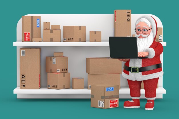 Foto feliz navidad y año nuevo concepto de saludo dibujos animados alegre papá noel granpa en el almacén de regalos o en la oficina de correos con muchos paquetes representación 3d