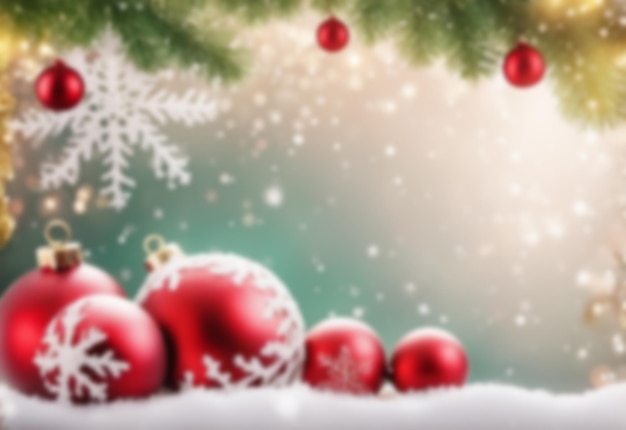 Feliz Navidad bandera borrosa con grandes bolas rojas y ramas de abeto y bokeh ligero