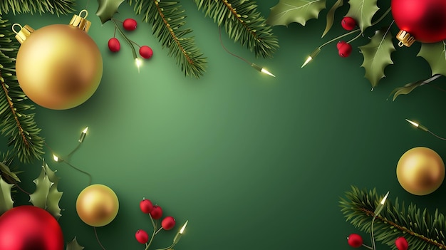 Feliz Navidad con bolas y hojas en verde