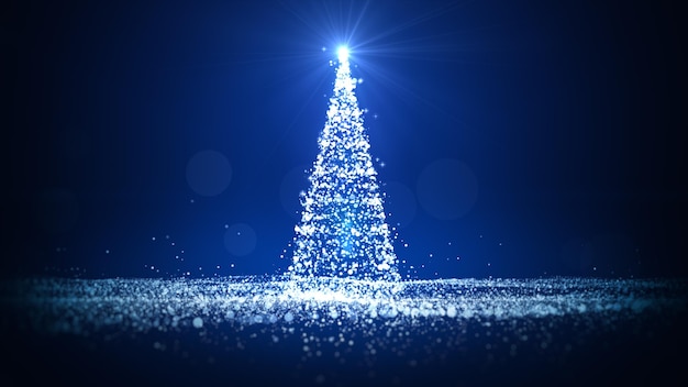 Feliz Navidad concepto de tarjetas de felicitación regalos árbol de Navidad con luz brillante con partículas que caen copos de nieve y estrellas fondo azul 3d renderización