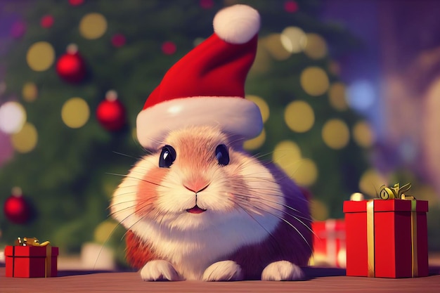 Feliz Navidad Conejo más blanco con sombrero rojo Caja de regalo de Papá Noel AI creó una ilustración de arte digital