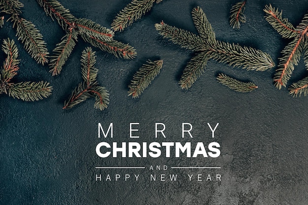 Feliz Navidad decoración con ramas de abeto sobre fondo oscuro Cartel festivo banner web encabezado