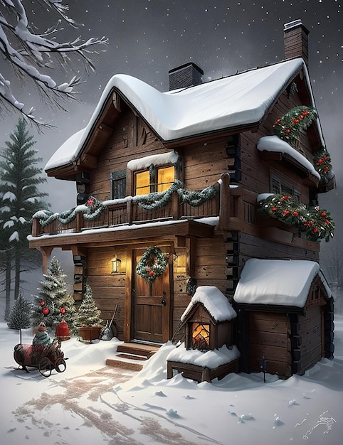 Feliz Navidad, día de Navidad, celebración en casa de madera generada por ai