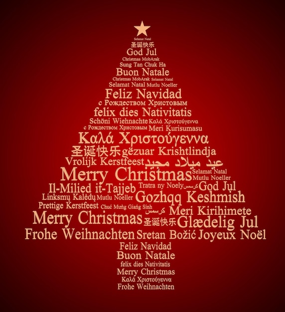 Feliz Navidad en diferentes idiomas formando un árbol de Navidad