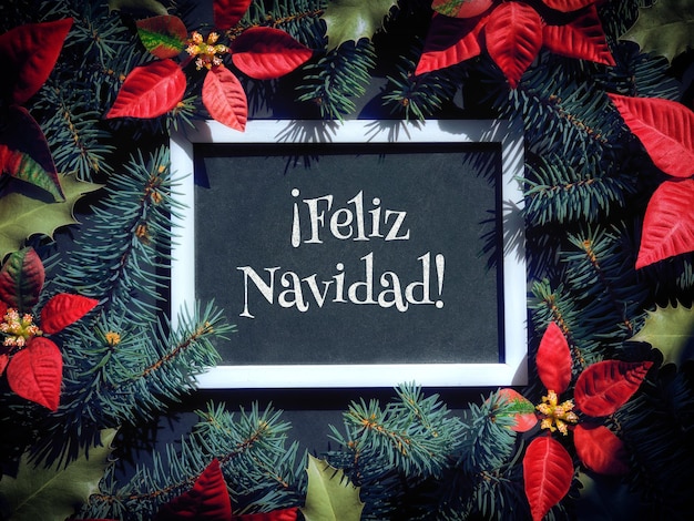 Feliz Navidad es Feliz Navidad en español Fondo festivo de Navidad en rojo, negro y verde oscuro