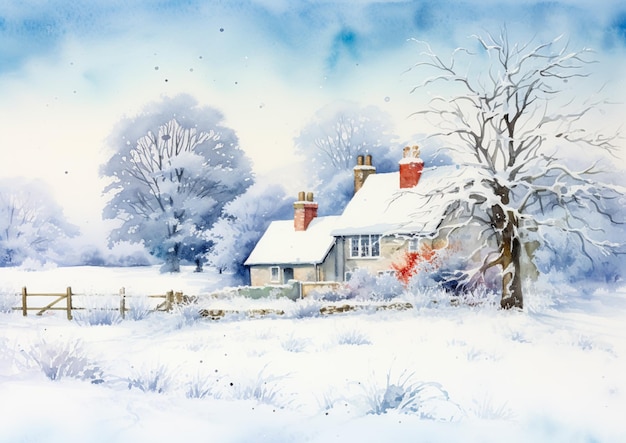 Feliz Navidad y Felices Fiestas acuarela arte imprimible impresión casa de campo inglesa como nieve vacaciones de invierno tarjeta de Navidad gracias y diseño de tarjeta de felicitación diy estilo rural
