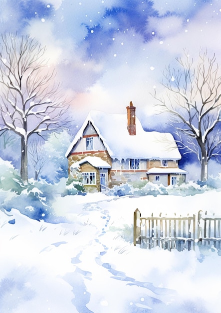 Feliz Navidad y felices fiestas, impresión de arte imprimible en acuarela, cabaña en la campiña inglesa como nieve, vacaciones de invierno, tarjeta de Navidad, agradecimiento y diseño de tarjeta de felicitación diy, idea de estilo rural