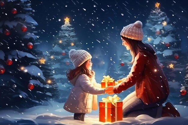 Feliz Navidad y felices fiestas Madre alegre y su linda hija intercambian regalos Un padre y un niño pequeño se divierten cerca del árbol de Navidad en la calle Estilización como dibujo vectorial
