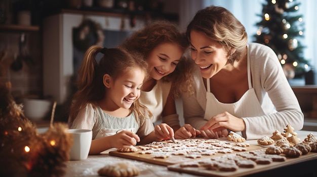 Foto feliz navidad y felices fiestas madre e hija están preparando galletas navideñas diseño ai