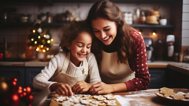 Feliz Navidad y felices fiestas Madre e hija están preparando galletas navideñas Diseño ai