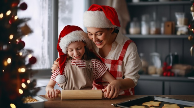 Foto feliz navidad y felices fiestas preparación familiar comida navideña madre e hija cocinando