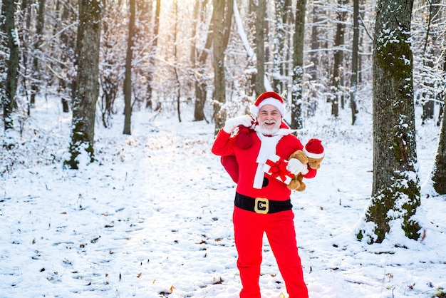 Feliz navidad y felices fiestas santa en la víspera de navidad lleva regalos a los niños en una bolsa roja