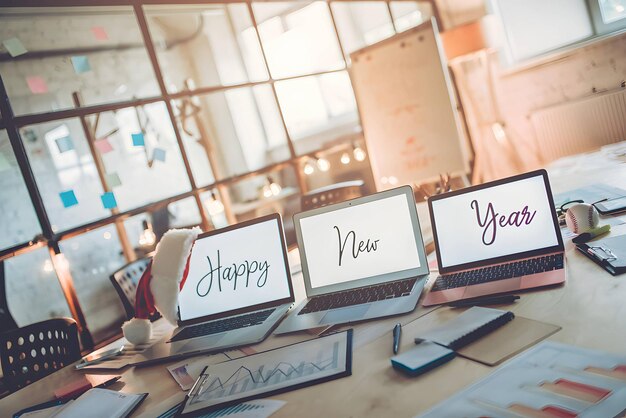 Feliz Navidad y Feliz Año Nuevo 2024 Celebrar las vacaciones en una oficina moderna Último día de trabajo