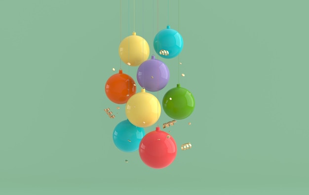 Feliz Navidad y Feliz Año Nuevo 3d render ilustración con bolas de Navidad y confeti