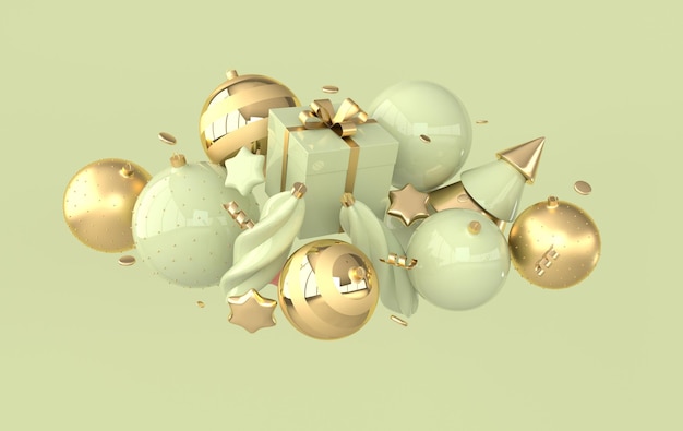 Feliz Navidad Feliz Año Nuevo 3d render ilustración tarjeta bolas de navidad estrellas árbol de navidad caja de regalo