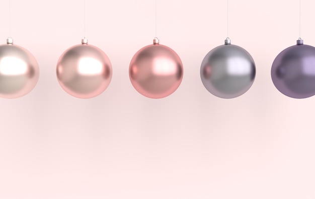 Feliz Navidad y Feliz Año Nuevo 3d render tarjeta de ilustración con bolas de Navidad de oro rosa y púrpura