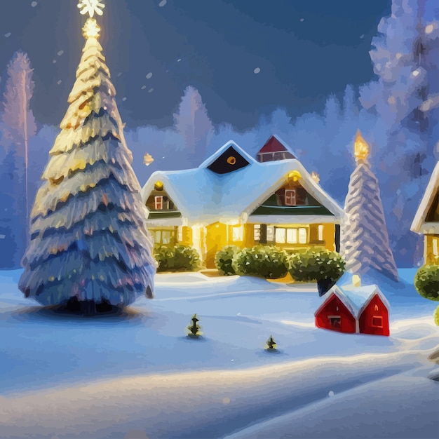 Feliz Navidad y Feliz Año Nuevo Calle de la ciudad del bosque de invierno con casas en el marco de la nieve