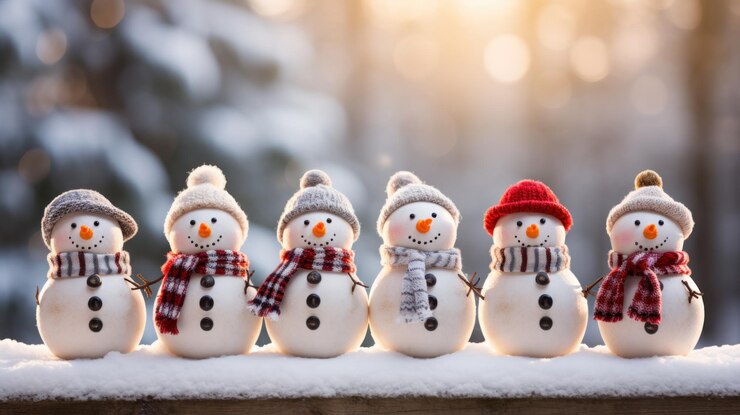 Feliz Navidad y feliz año nuevo con una fila de muñecos de nieve