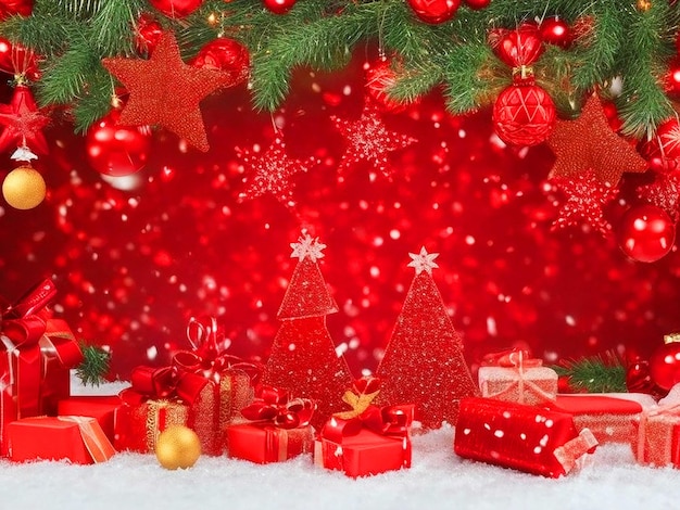 Feliz navidad y feliz año nuevo fondo rojo verde con elementos navideños realistas