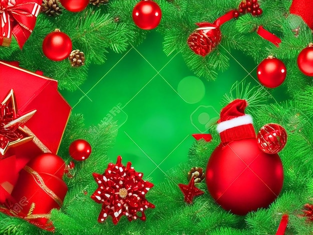 Feliz navidad y feliz año nuevo fondo rojo verde con elementos navideños realistas