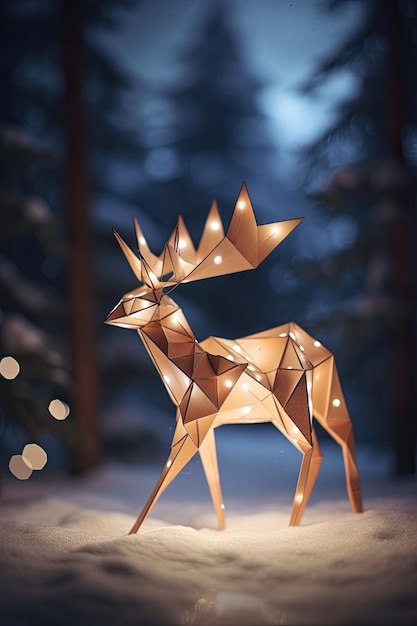 Feliz Navidad feliz año nuevo forma de ciervo dorado de fantasía en estilo origami sobre fondo nevado hermoso fondo de Navidad Ai generativo
