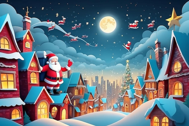 Feliz Navidad y Feliz Año Nuevo Ilustración de Papá Noel en el cielo viniendo a la ciudad arte de papel y estilo de artesanía digital