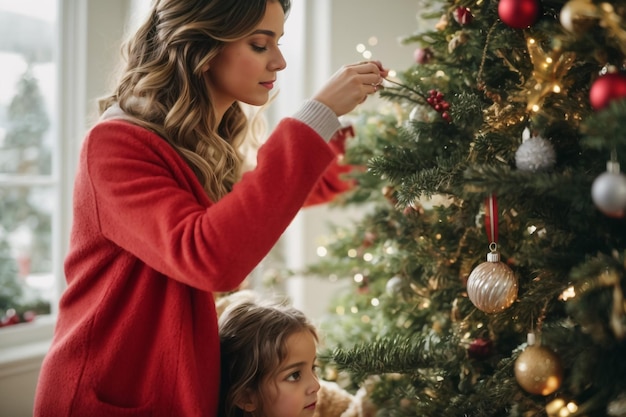 Feliz Navidad y Feliz Año Nuevo una niña linda y su hermosa madre con sombreros de Papá Noel están sonriendo