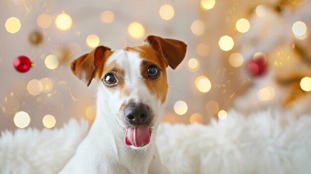 Feliz Navidad y Feliz Año Nuevo Retrato en primer plano del perro Jack Russell Terrier IA generativa