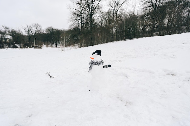 Feliz navidad y feliz año nuevo tarjeta de felicitación con copyspaceFeliz muñeco de nieve de pie en invierno paisaje navideñoFondo de nieve