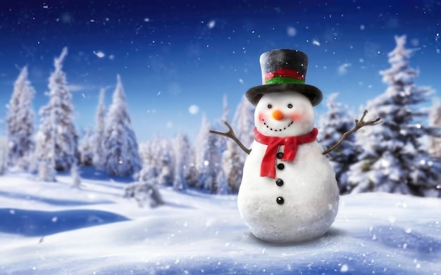 Feliz Navidad y feliz año nuevo tarjeta de felicitación con copyspaceHappy snowman de pie en Navidad