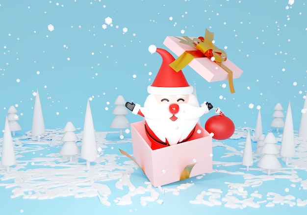 Feliz Navidad y Feliz Año Nuevo temporada de nieve render 3d cajas de regalos Caja de regalo abierta llena con Santa Claus dentro Banner de vacaciones web poster flyer elegante folleto tarjeta de felicitación Fondo de Navidad