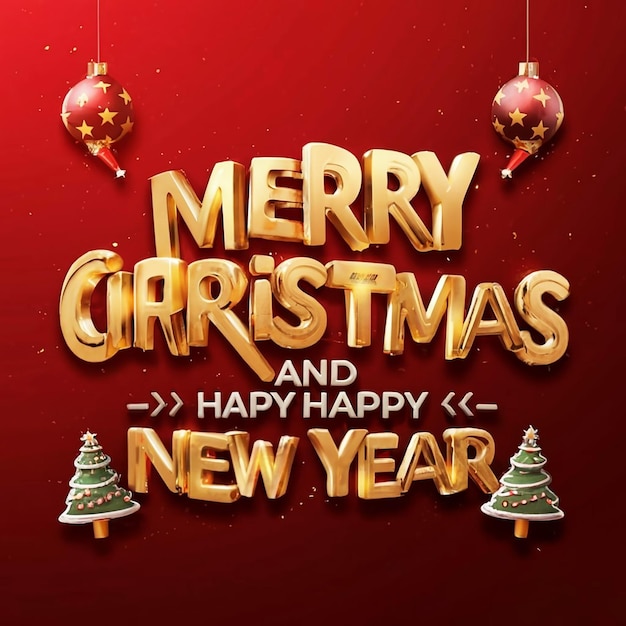 Feliz Navidad y Feliz Año Nuevo texto 3D en un fondo de elementos decorados