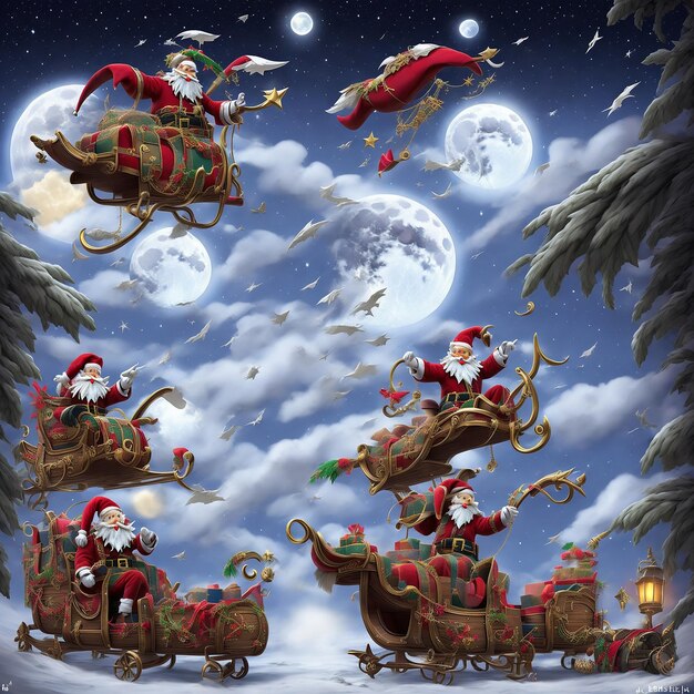 Feliz Navidad Fondo de vacaciones Santa Claus en un trineo de madera en el cielo