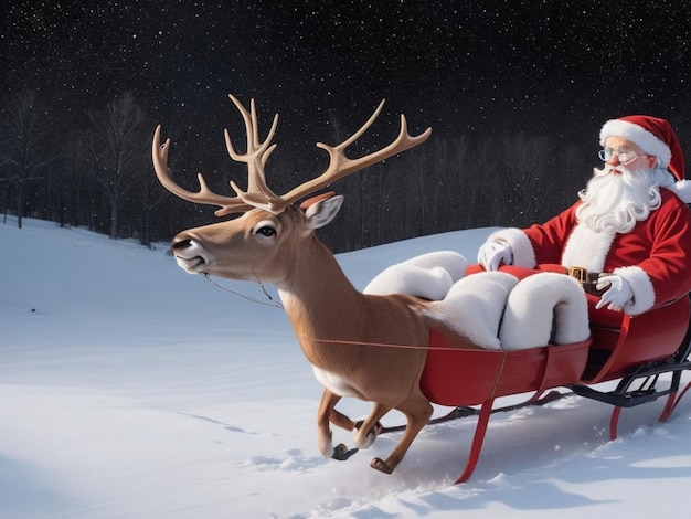 Foto feliz navidad foto de papá noel con con ciervos y caja de regalos un equipo de renos