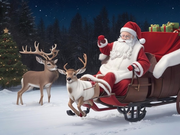 Feliz Navidad Foto de Papá Noel con con ciervos y caja de regalos un equipo de renos