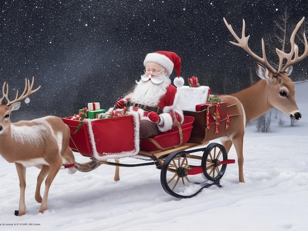 Feliz Navidad Foto de Papá Noel con con ciervos y caja de regalos un equipo de renos