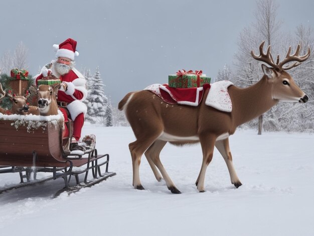 Feliz Navidad Foto de Papá Noel con con ciervos y caja de regalos un equipo de renos