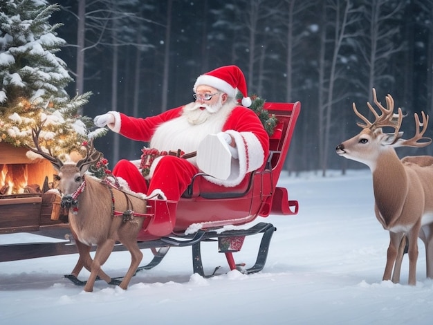 Feliz Navidad Foto de Papá Noel con con ciervos y caja de regalos un equipo de renos