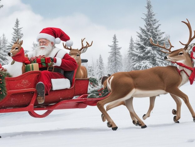 Feliz Navidad Foto de Papá Noel con con ciervos y caja de regalos un equipo de renos