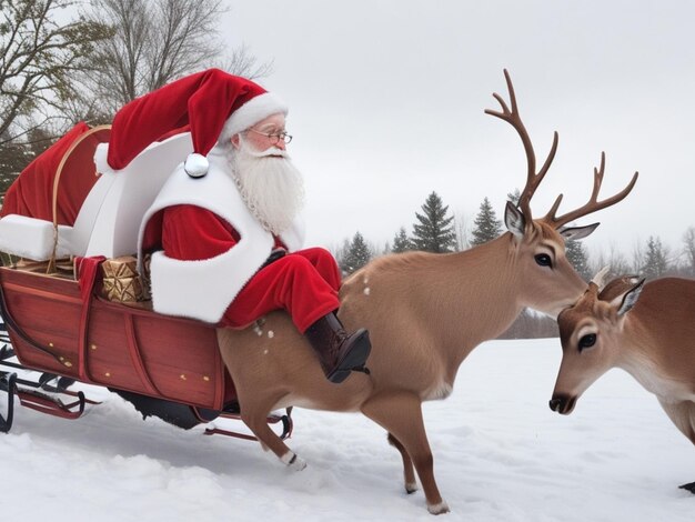 Feliz Navidad Foto de Papá Noel con con ciervos y caja de regalos un equipo de renos