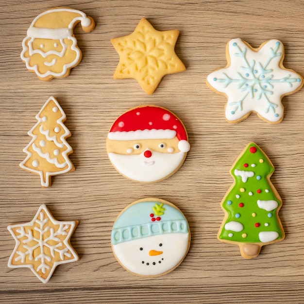 Feliz Navidad con galletas caseras en el fondo de la mesa de madera Fiesta de Navidad y feliz concepto de Año Nuevo