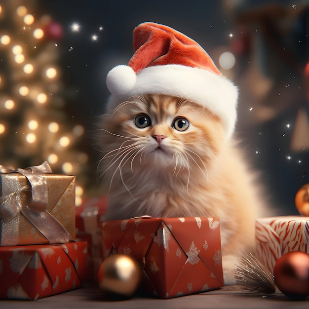 Feliz Navidad Gato lindo y esponjoso con sombrero de Papá Noel Imagen generada por IA